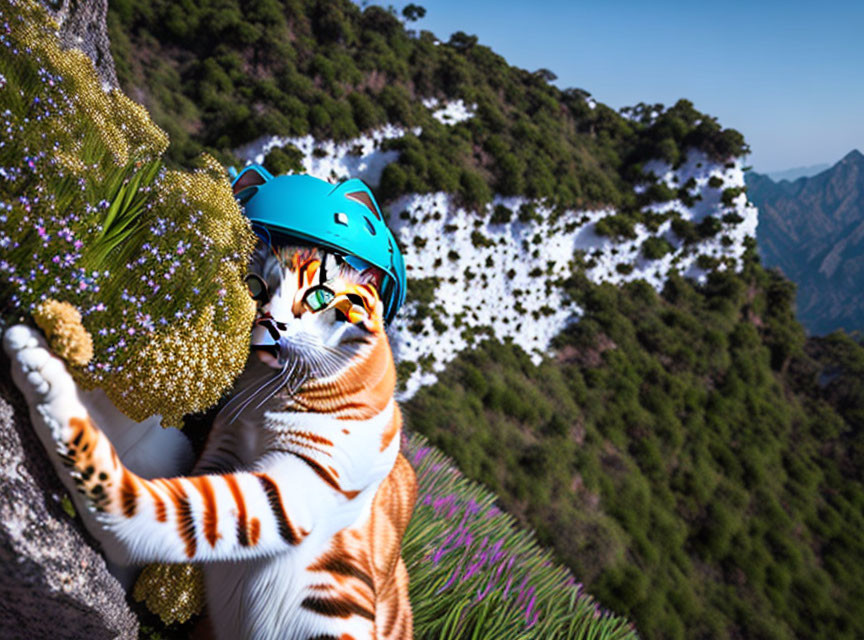 Digitally altered image: Tiger in blue helmet on mountain with greenery and skies