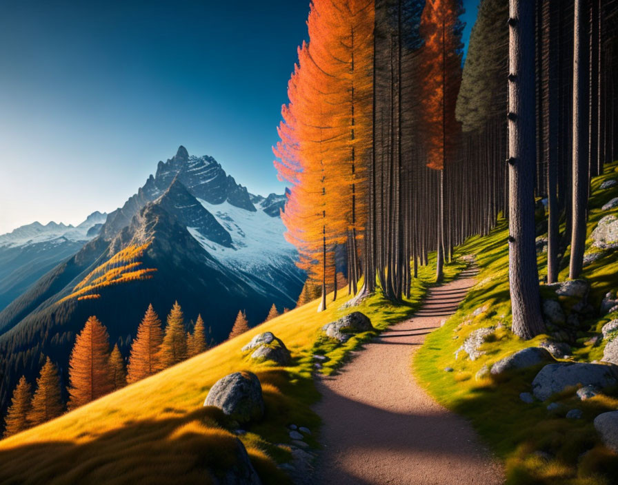 Scenic forest path with tall trees, autumn foliage, and snow-capped mountain