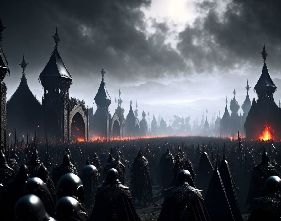 Medieval army in armor near gothic spires under gloomy sky with fiery glow