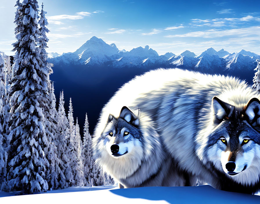 Illustrated wolves in snowy landscape with evergreen trees and mountains.