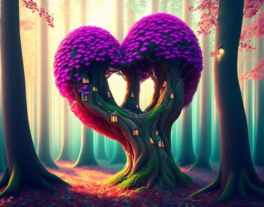 Illustration of heart-shaped tree with purple foliage in vibrant forest