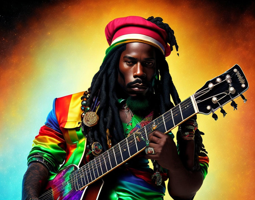 Person with dreadlocks in Rastafarian hat and colorful jacket holding guitar on vibrant background