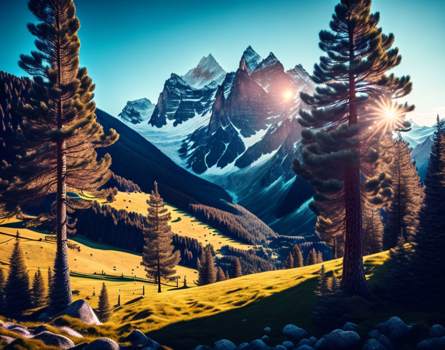 Mountain sunrise over pine trees and alpine meadow