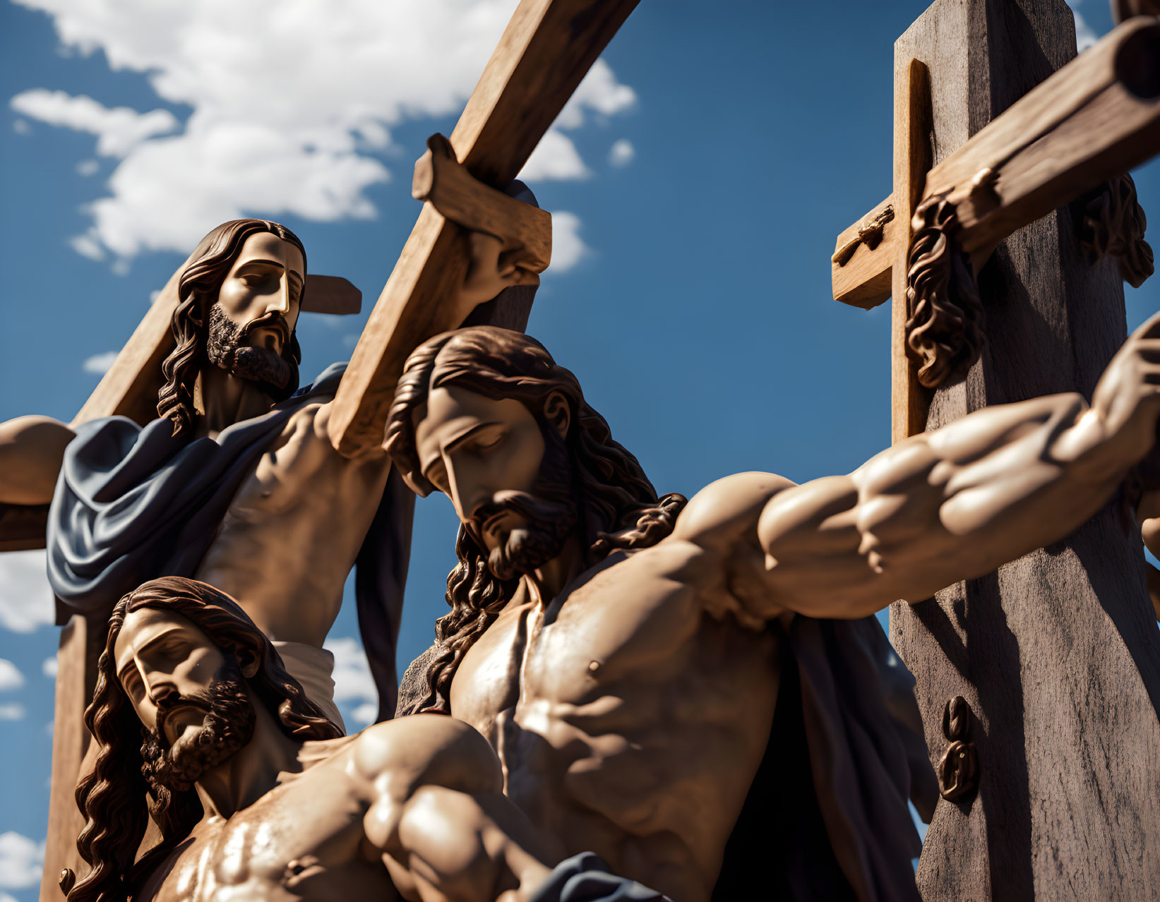 Religious statues of crucifixion with two figures under blue sky