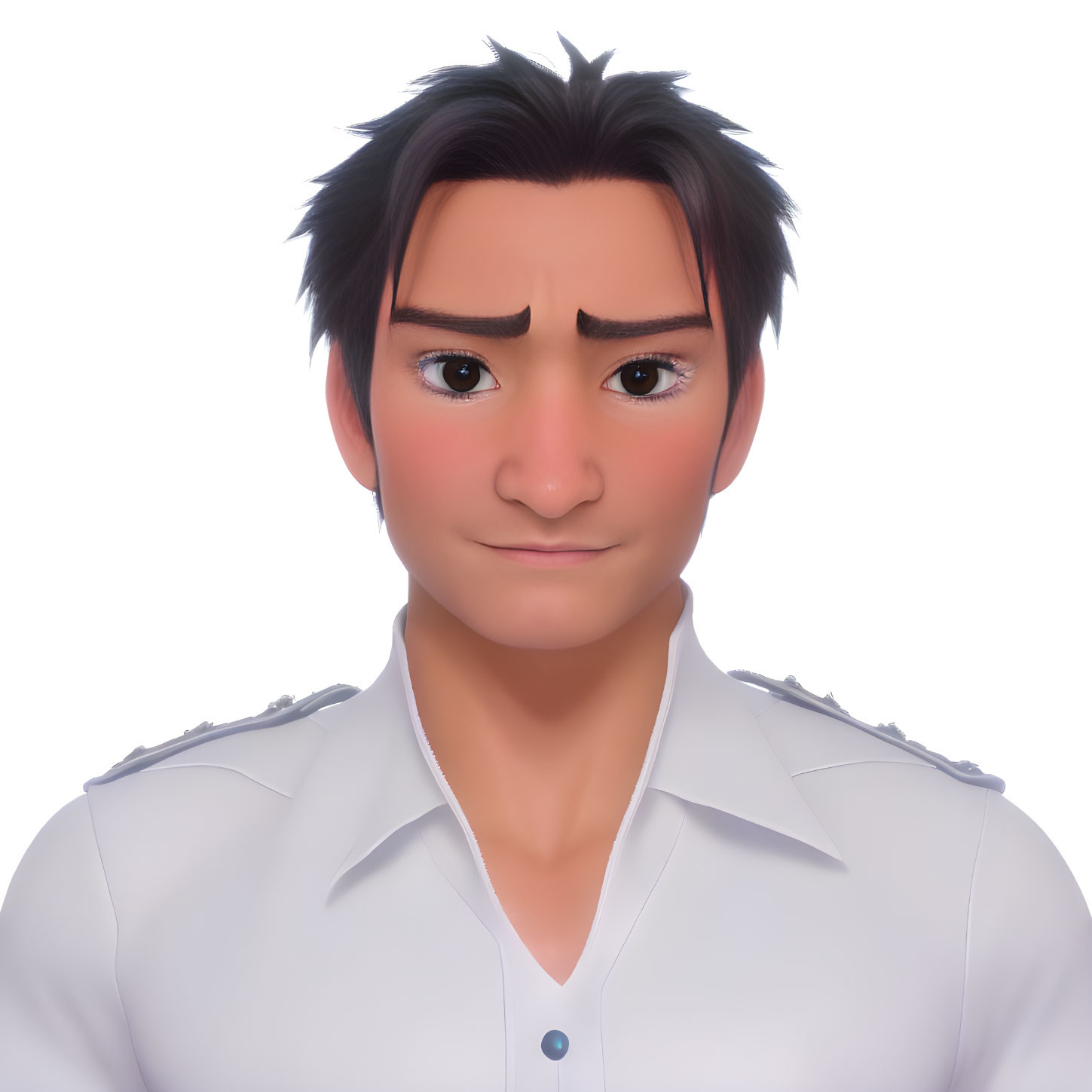 Dark-haired 3D character in light blue shirt with slight smile