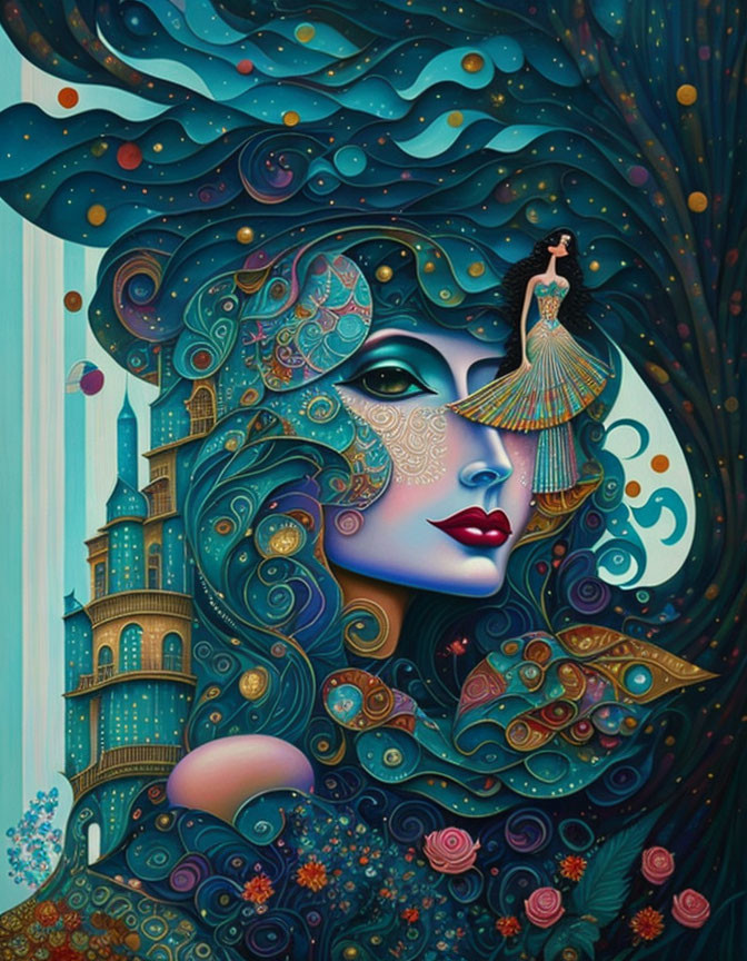 Woman with flowing hair merges into vibrant cityscape art.