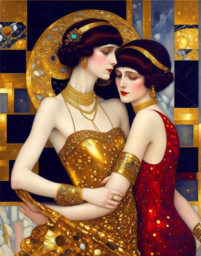 Two women in ornate gold dresses embracing on mosaic-like background