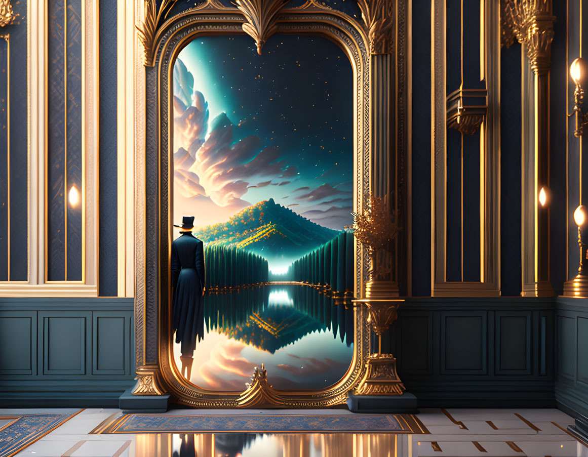 Person in Top Hat Standing by Ornate Window with Surreal Landscape View