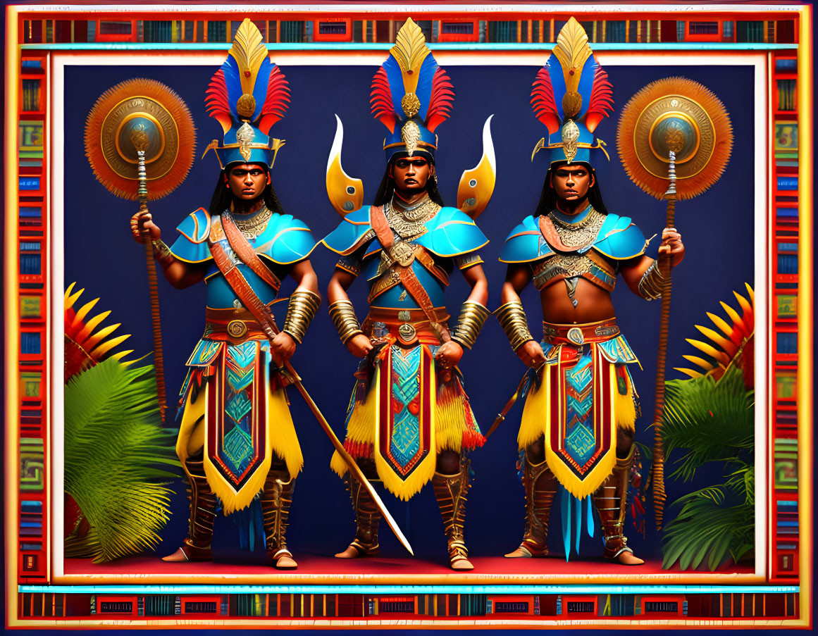 Three individuals in ancient Egyptian warrior costumes with spears and shield in decorative border.