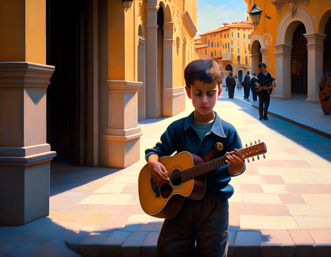 Young boy playing guitar on sunlit street with orange buildings and arches.