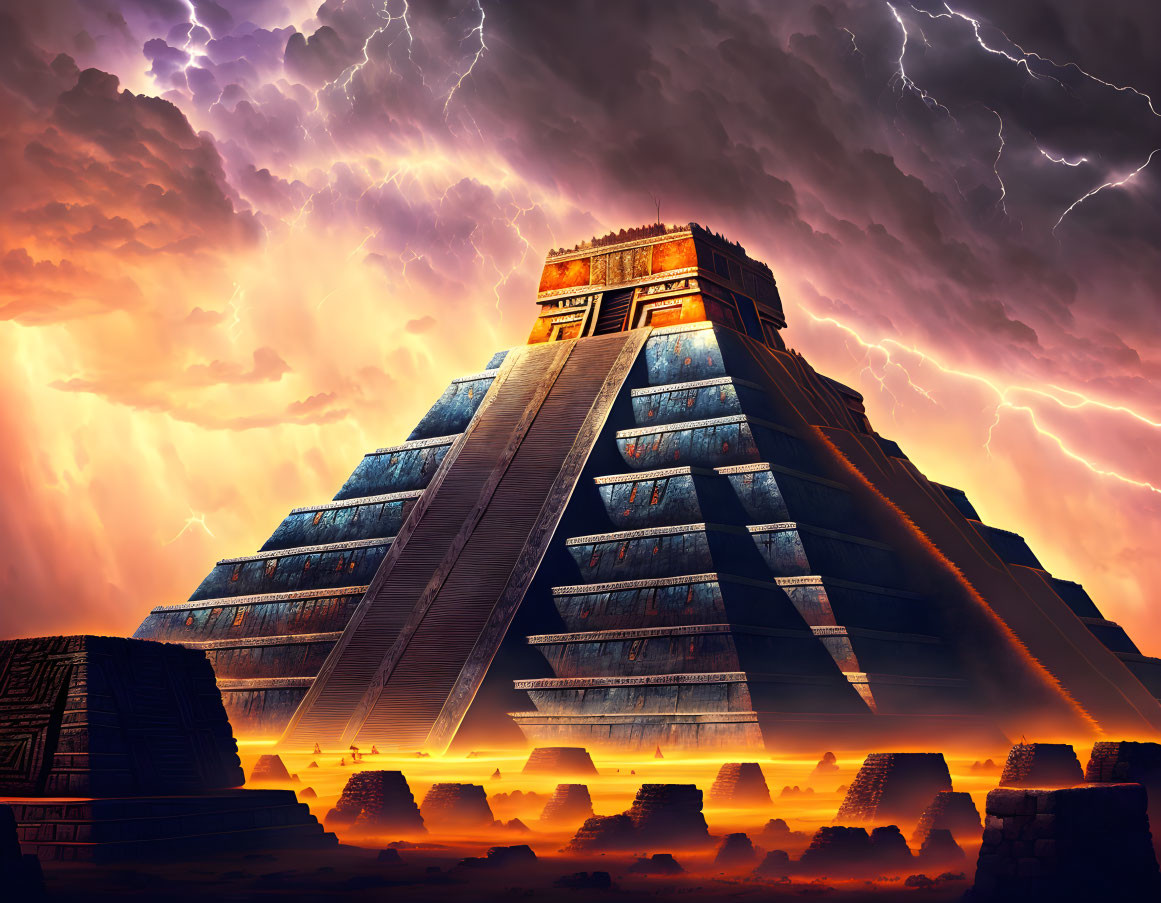 Ancient Mesoamerican pyramid under intense lightning and fiery sky