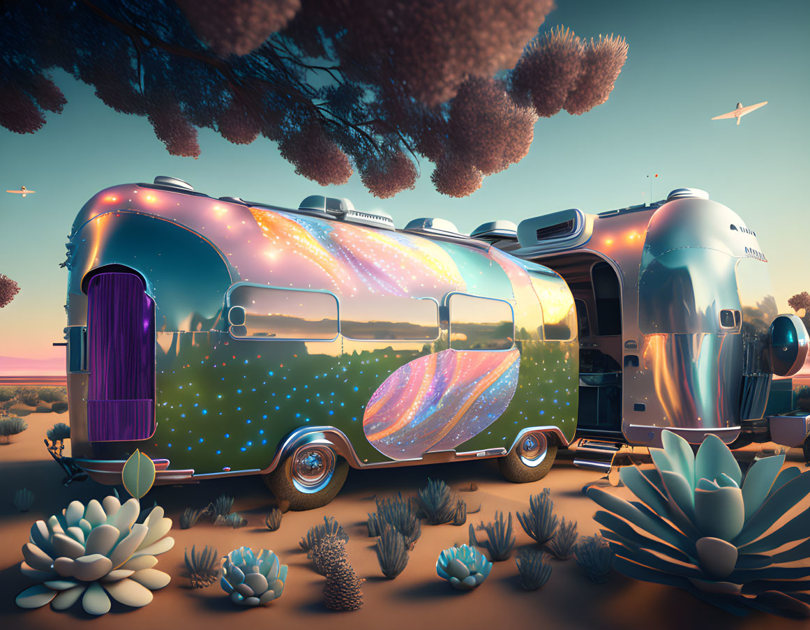 Retro-futuristic trailer with starry paint job in desert sunset landscape