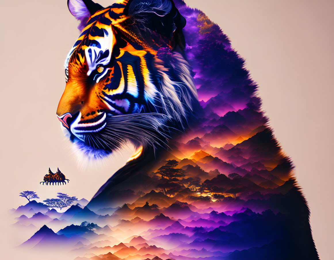 Digital artwork: Tiger profile merged with mountain landscape and temple, vibrant colors