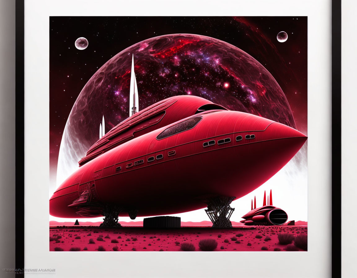 Vibrant digital artwork: Red spaceship on alien terrain with purple nebula