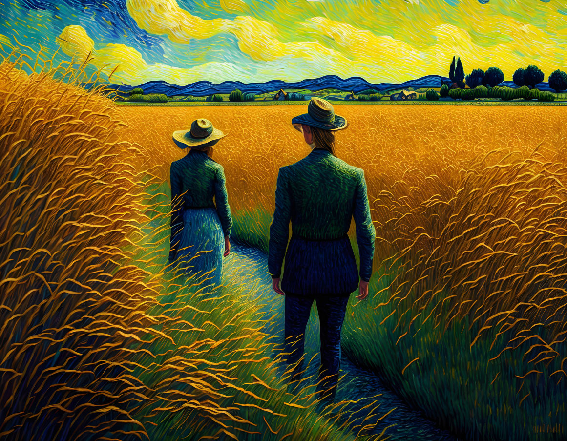 Golden wheat field with two people under swirling blue skies