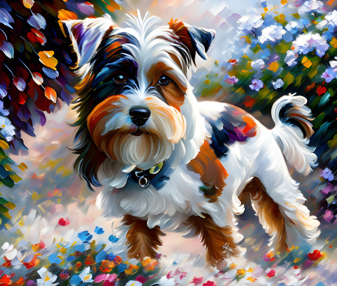 Vibrant painting of fluffy dog among colorful flowers