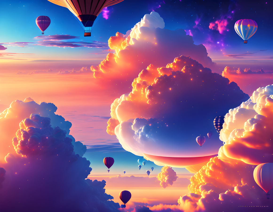 Colorful sunset sky with clouds and hot air balloons floating