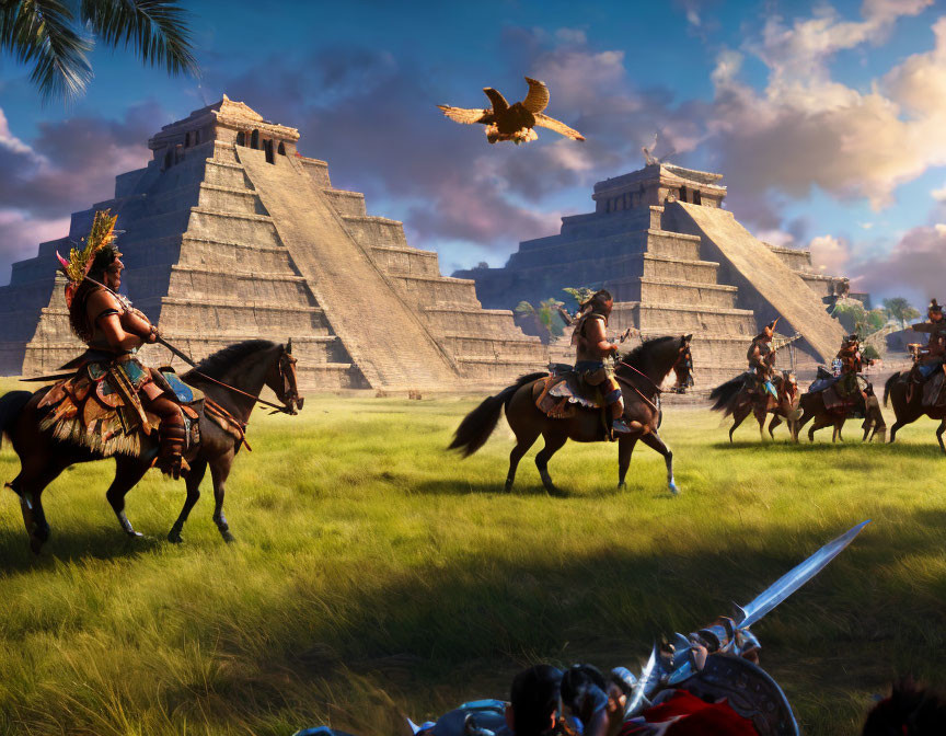 Mesoamerican warriors and horseback riders near pyramids with eagle under clear sky