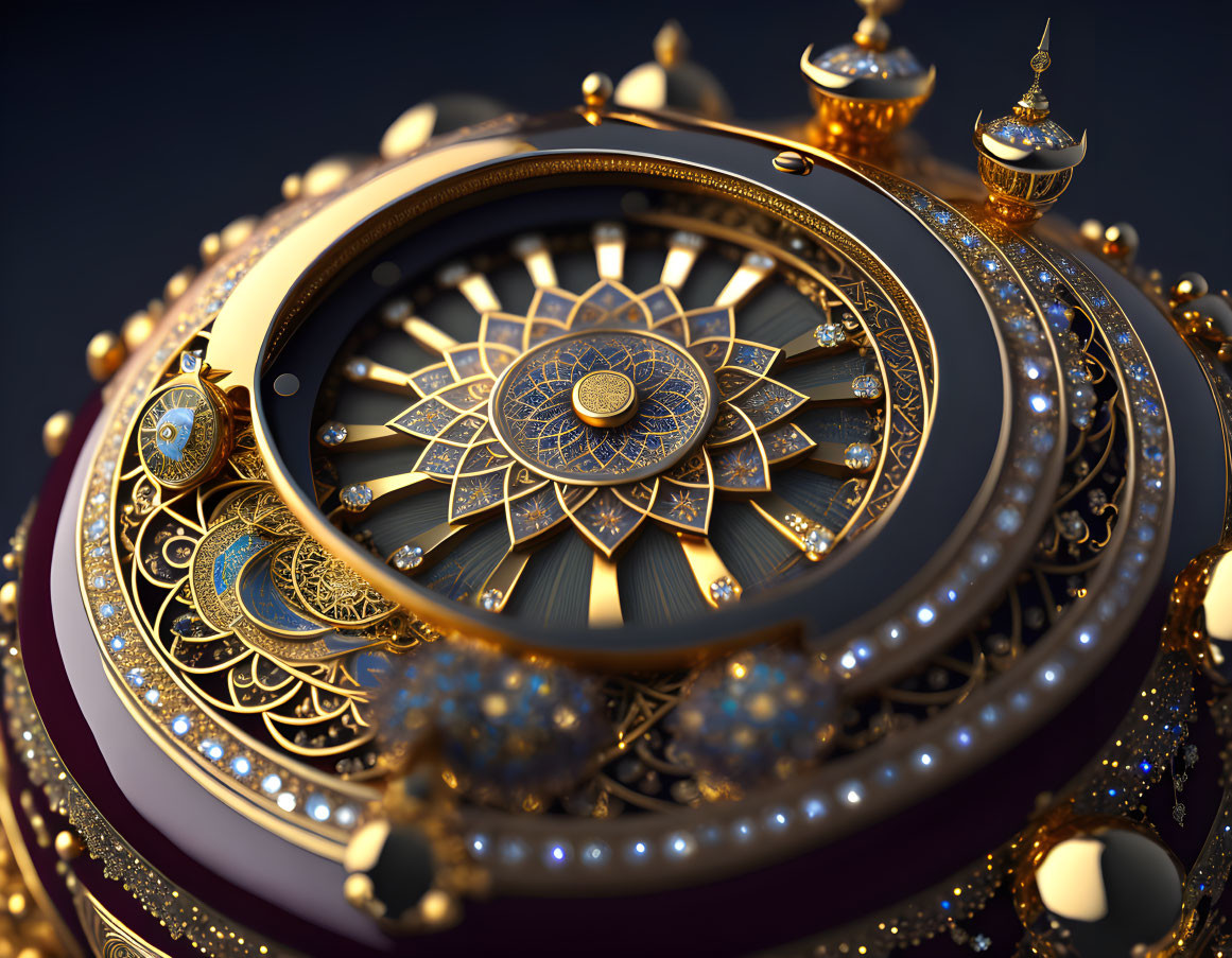 Intricate golden gear clock with blue jewels on dark background