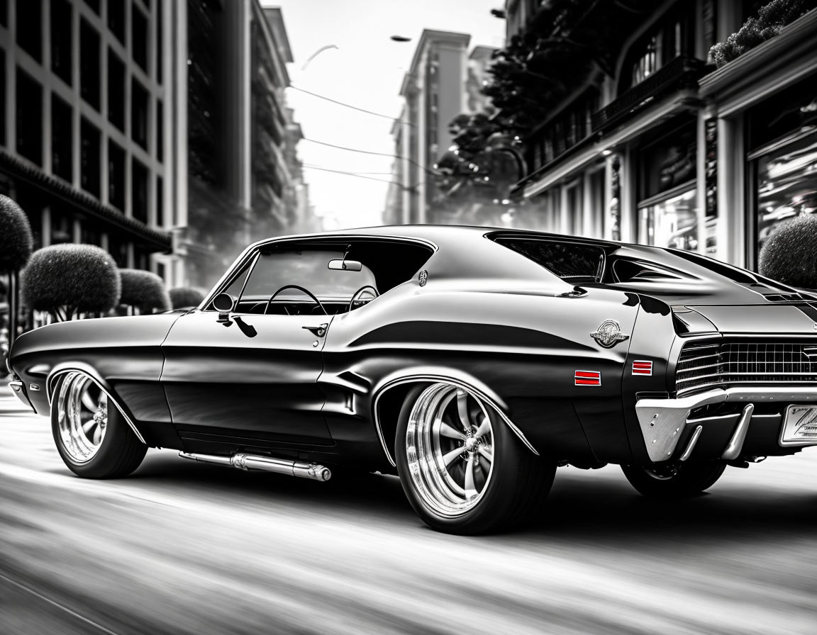 Vintage Black Muscle Car Speeding Through Urban City Street