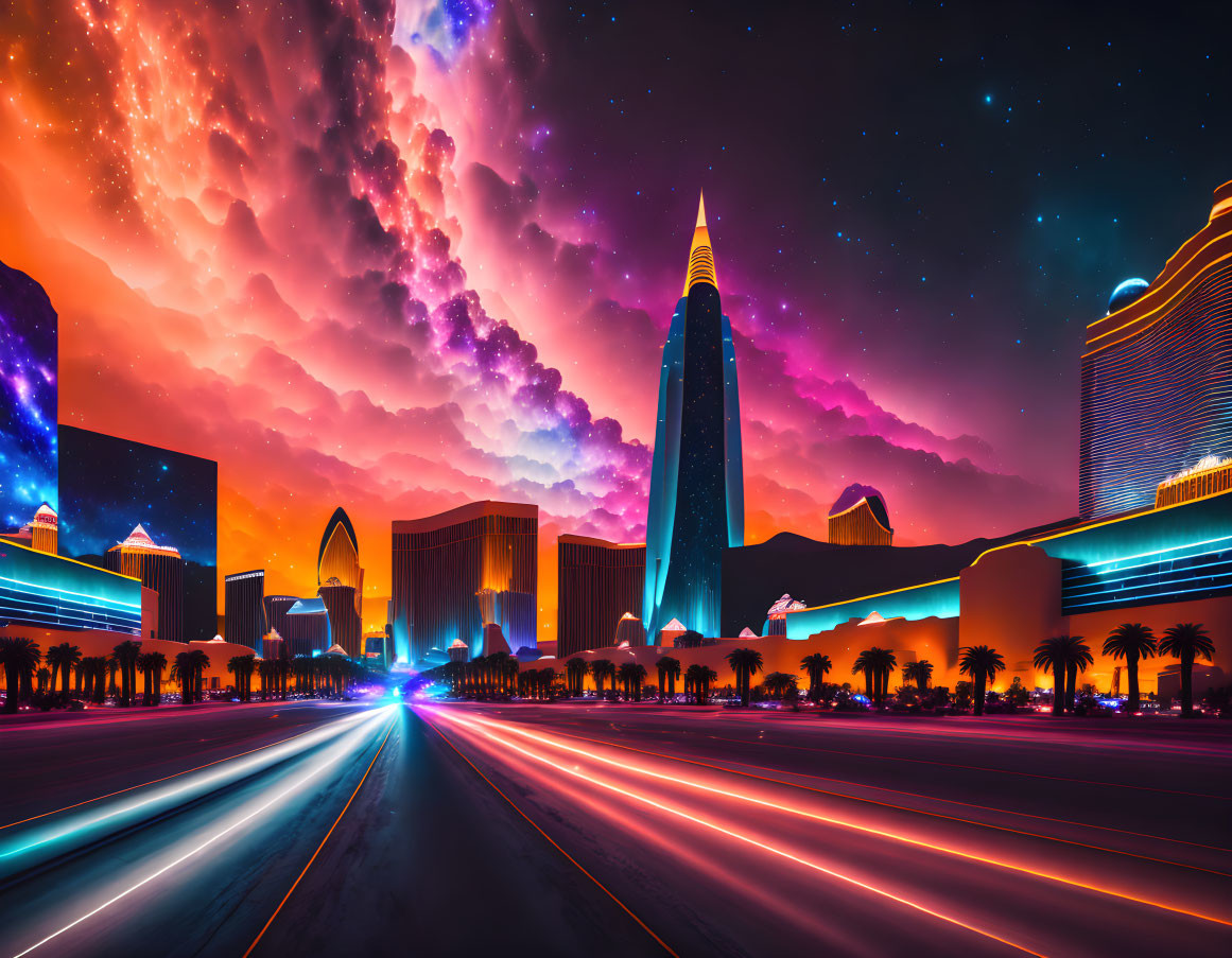 Vibrant purple and orange futuristic city skyline at dusk