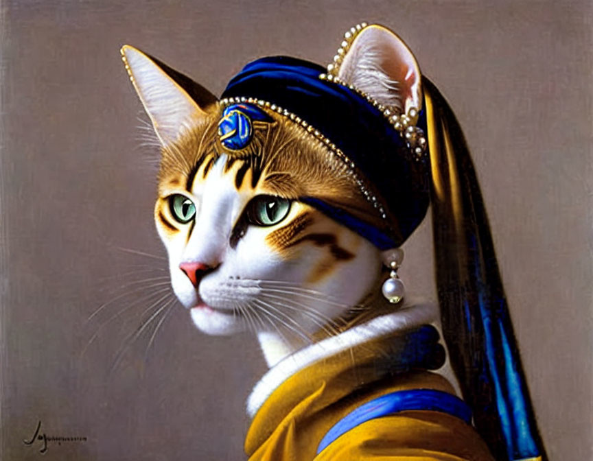 Cat with human-like eyes in blue and golden headscarf and pearl earring.