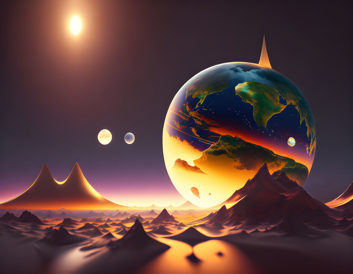 Surreal desert landscape with giant planet, mountains, and moons at twilight