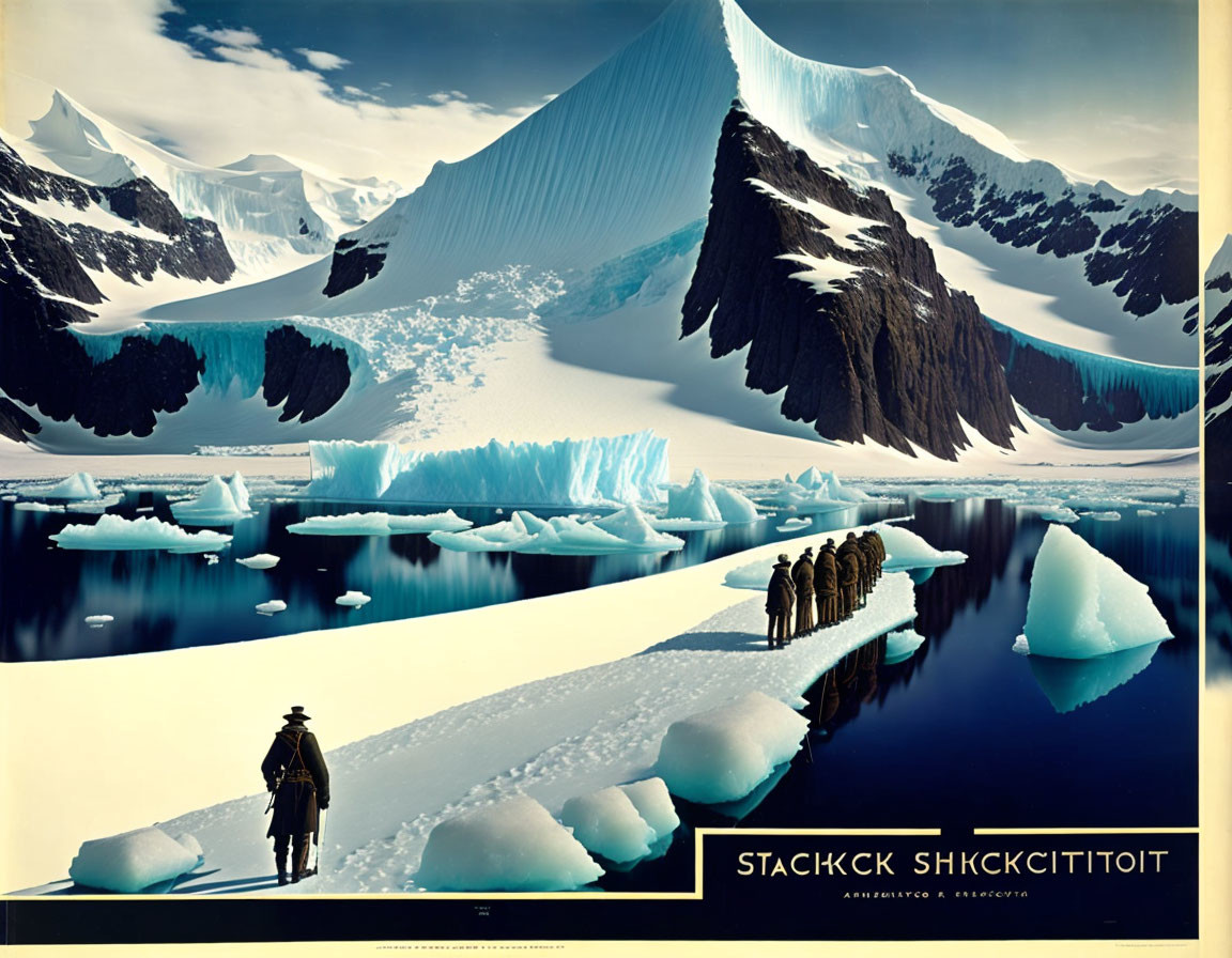 Arctic scene with people on ice path, giant letters, and towering icebergs