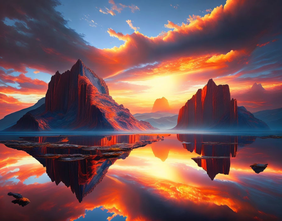 Majestic mountains reflected in tranquil water at sunset