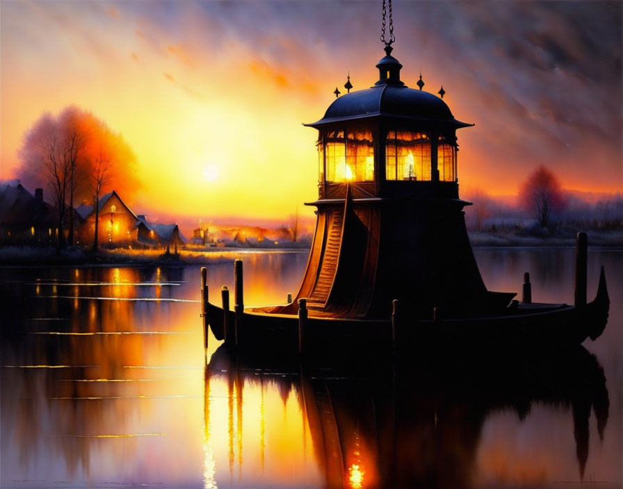 Twilight scene: Glowing lighthouse on boat, reflecting in calm waters