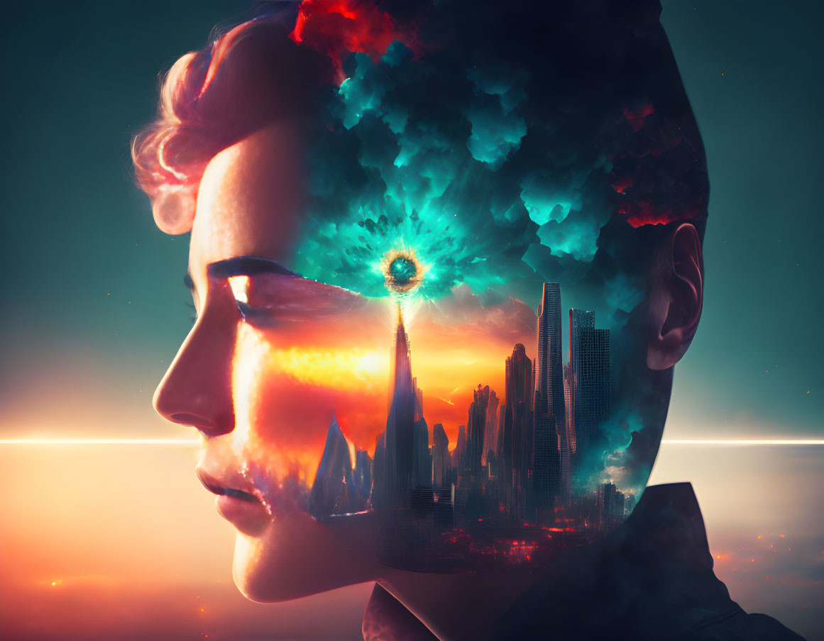 Digital art portrait merging human profile, cityscape, and cosmic elements in warm sunset setting.