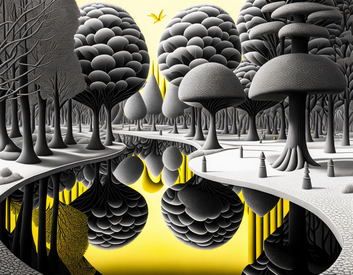 Monochrome surreal landscape with stylized trees and yellow bird