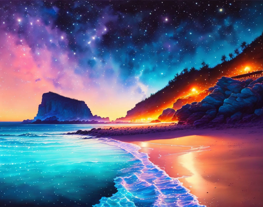 Twilight beachscape with bioluminescent waves and starry sky