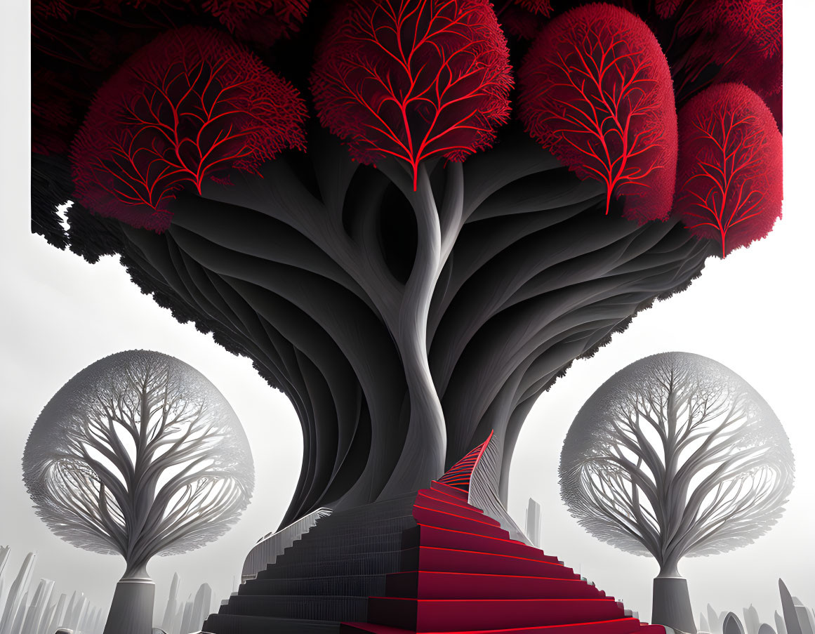 Surreal image of inverted red-canopied tree with staircase in foggy backdrop