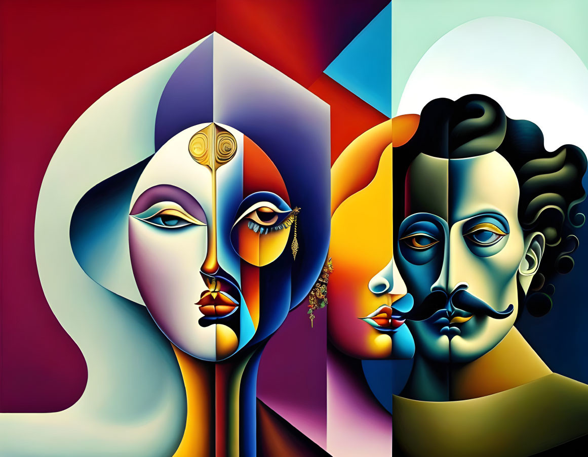 Vibrant abstract art: stylized faces with sharp contours on colorful geometric background