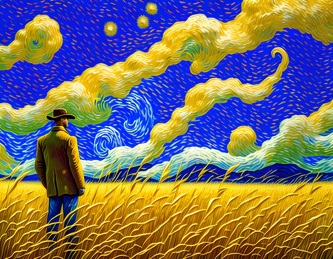 Stylized illustration of person in field under swirling starry sky