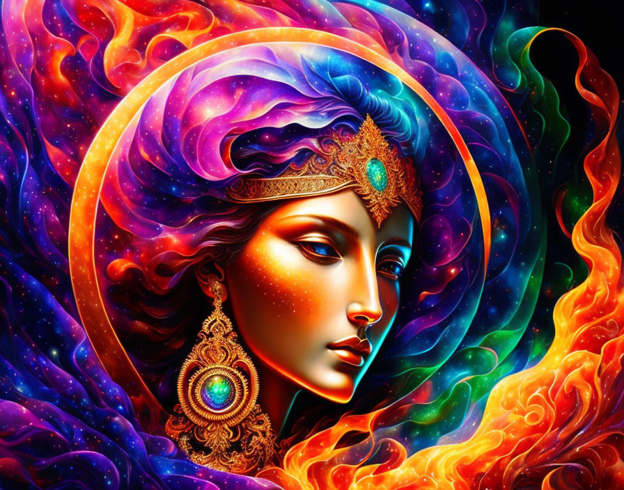 Colorful cosmic-themed woman illustration with swirling patterns and fiery waves.