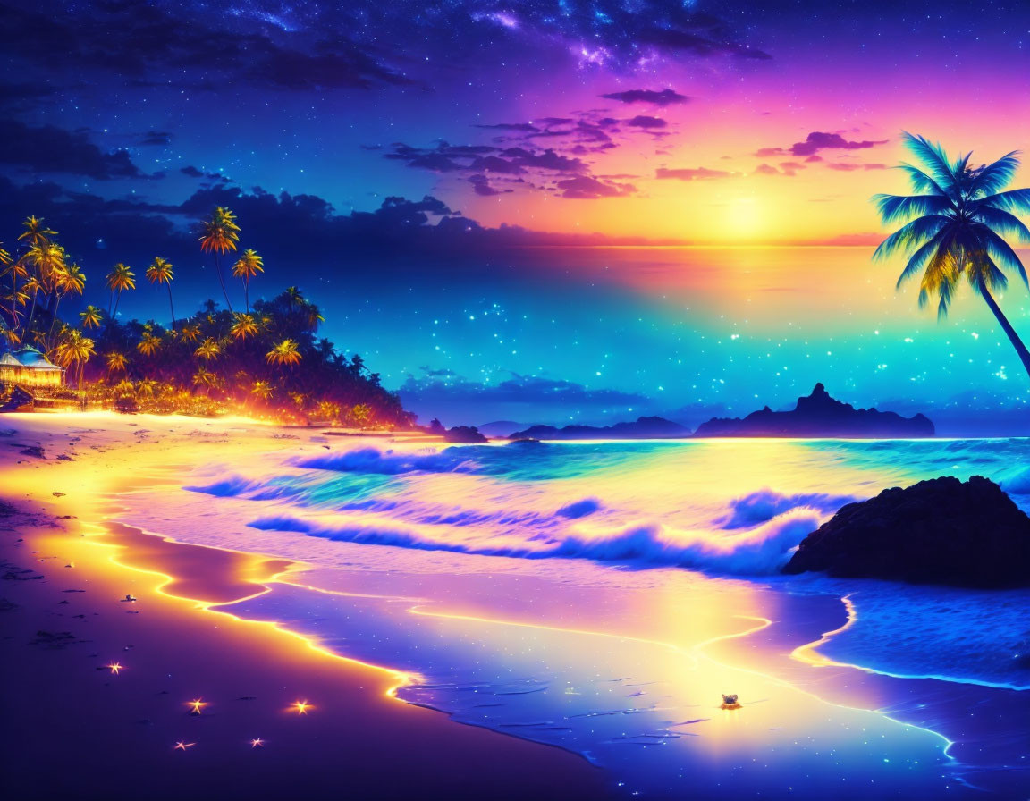 Vivid Beach Sunset: Purple and Orange Sky, Neon Waves, Palm Trees