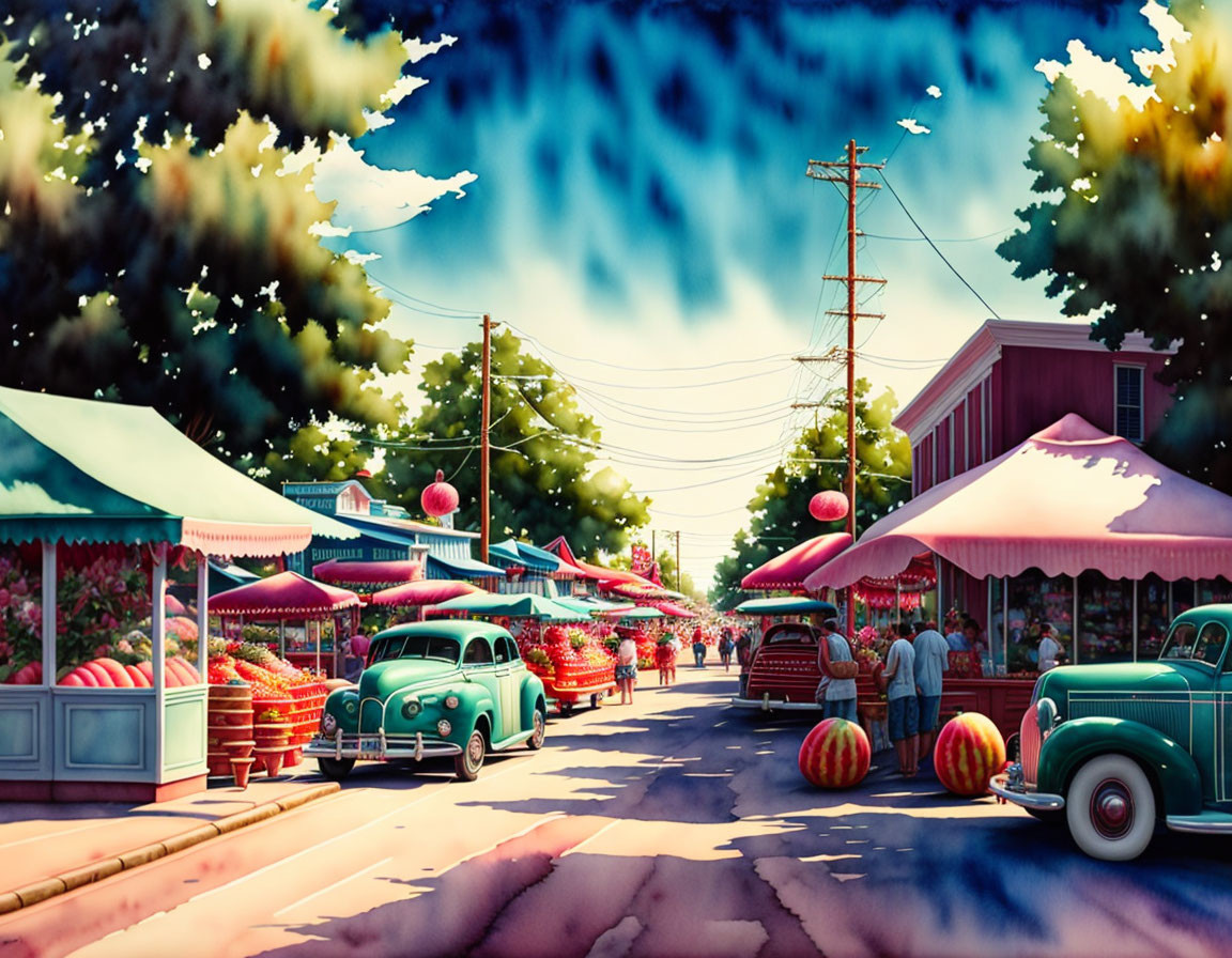 Vintage cars, people, and red canopies in a sunny street scene