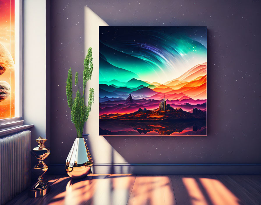 Colorful Fantasy Landscape Wall Art with Plant and Trophy Decor in Sunlit Room