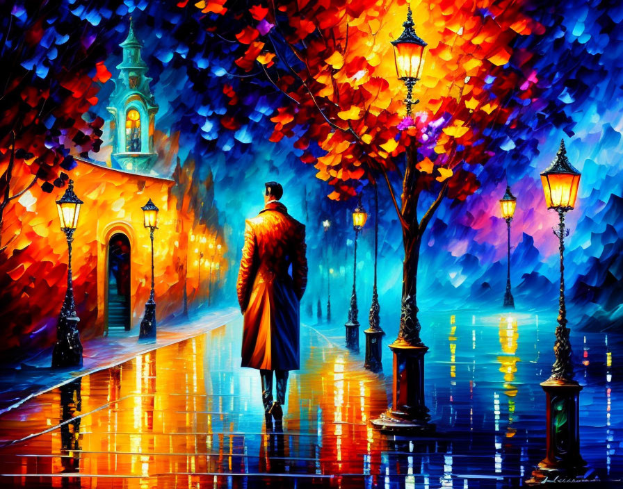 Colorful Rainy Street Scene with Person Walking, Lamp Posts, Autumn Leaves, and Church