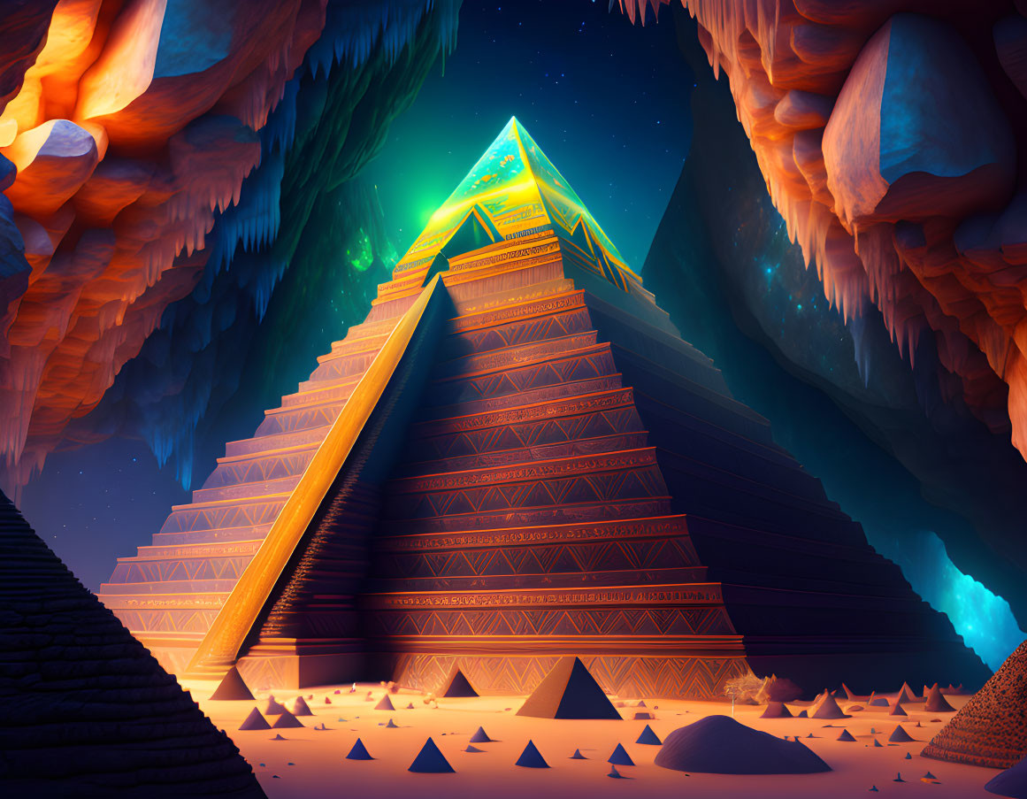 Digital Art: Illuminated Pyramid in Desert Canyon