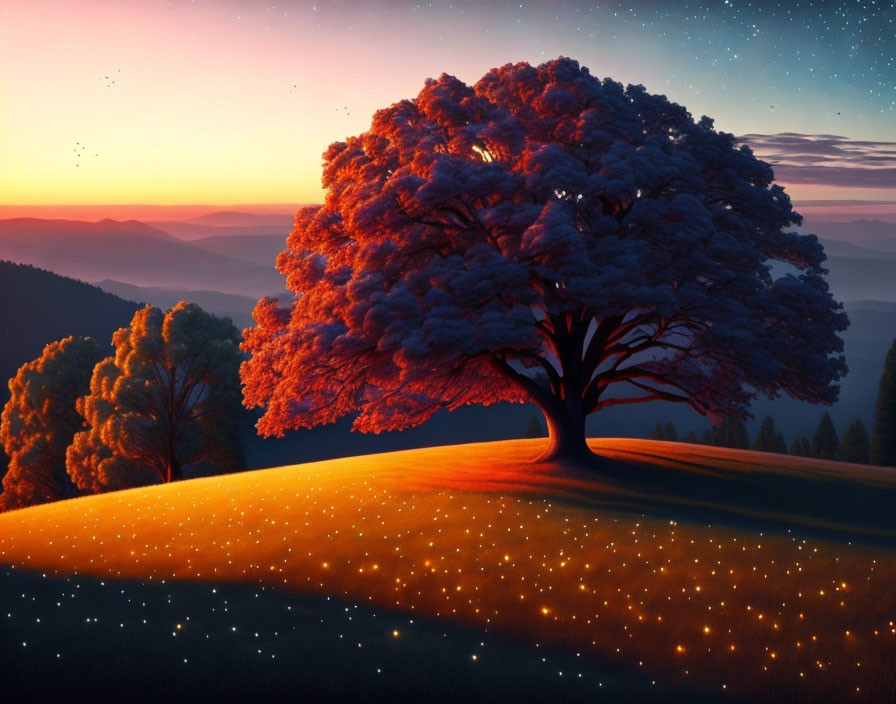 Majestic tree on hilltop at twilight with orange leaves and firefly lights