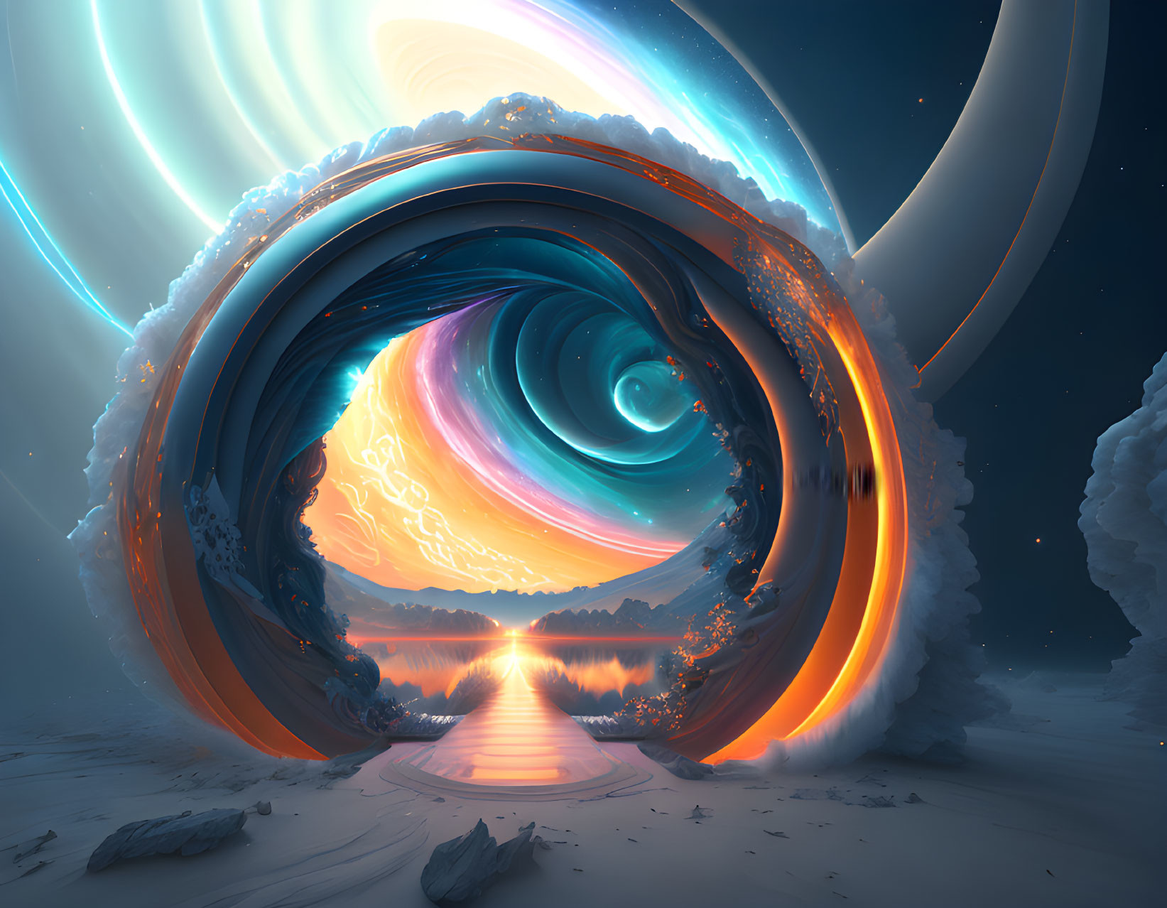 Surreal landscape with spiraling portal above serene lake