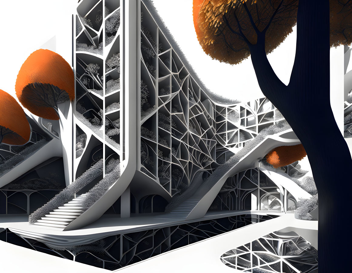 Futuristic building with geometric patterns and orange foliage trees