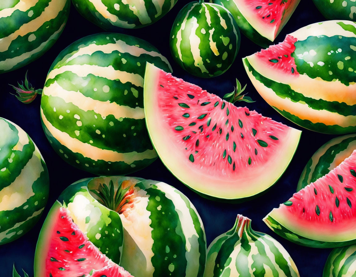 Fresh Watermelons: Whole and Sliced, Green Rinds, Red Flesh