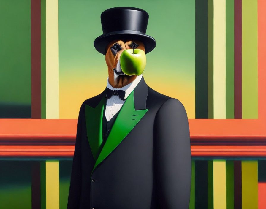 Surreal painting of dog in human attire biting green apple