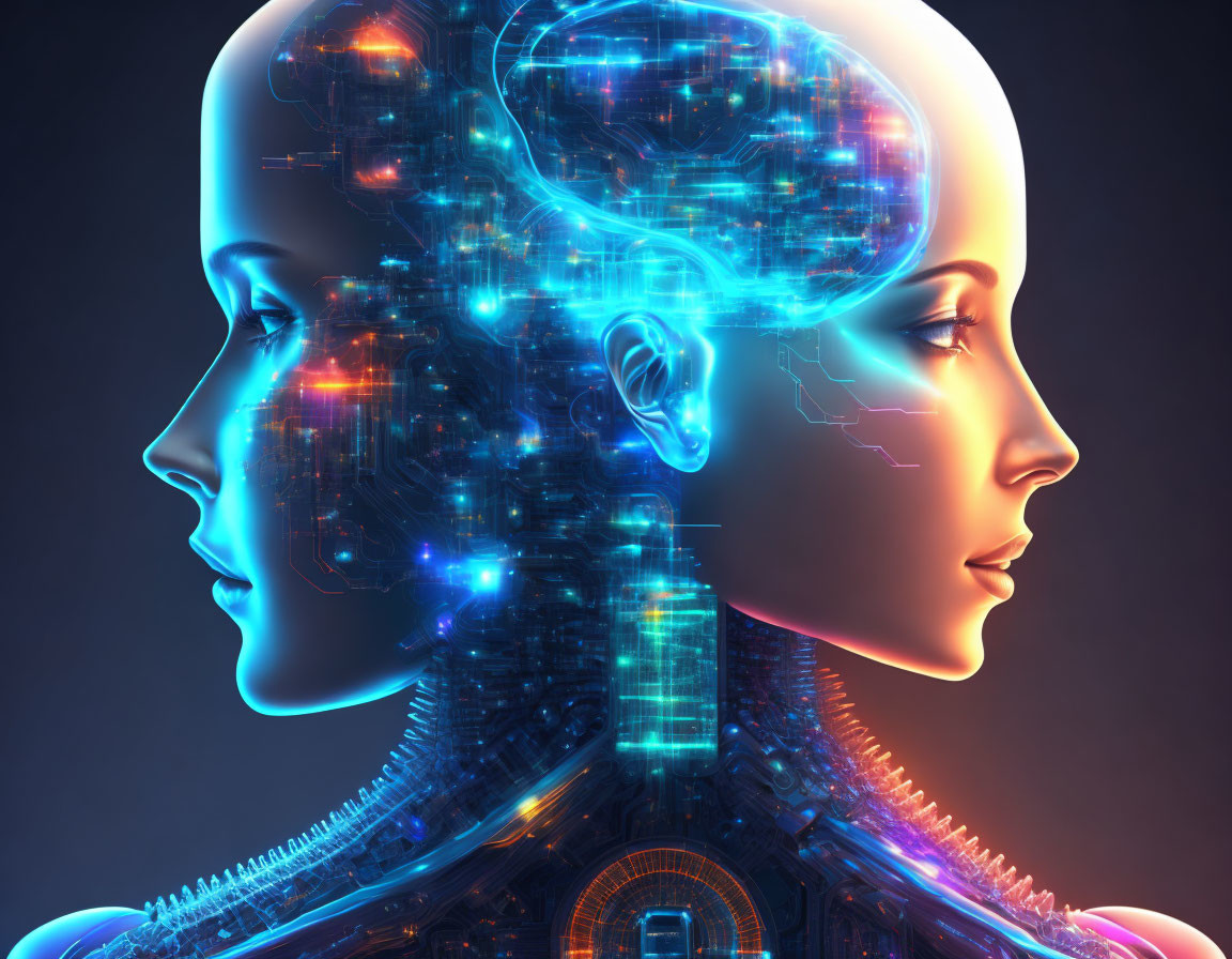 Human and robotic profiles compared, showcasing intricate circuitry in robot's head.