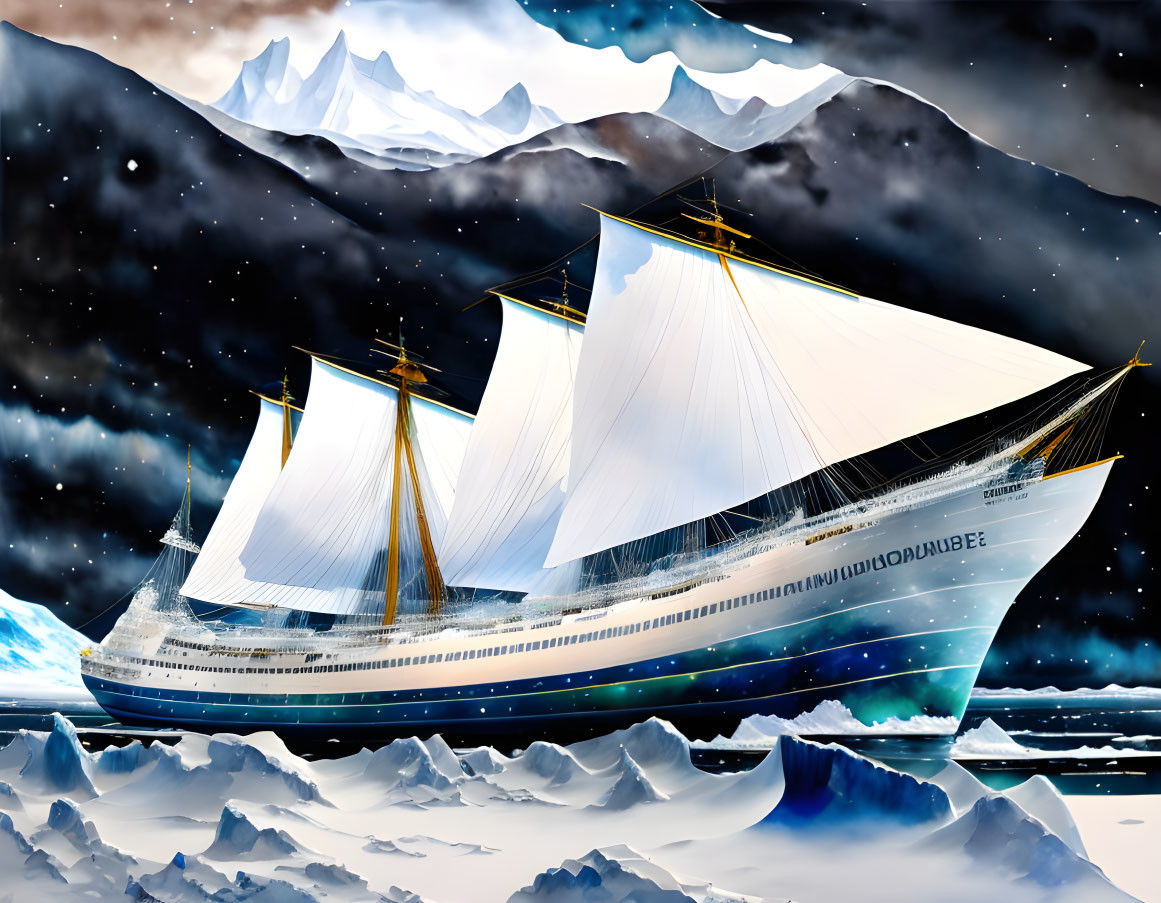 White sailing ship in icy waters with snow-capped mountains & starry sky