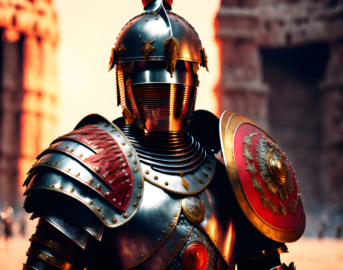 Medieval knight in ornate armor with plumed helmet and shield against castle backdrop